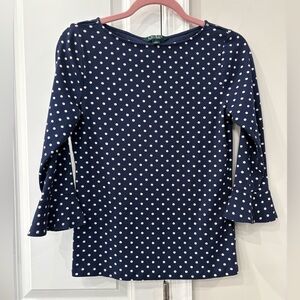 Ralph Lauren Navy and White Polka Dot Long Sleeve Top